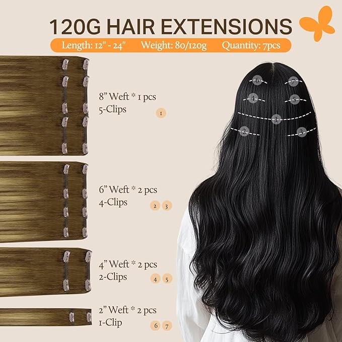 DOORES Remy Human Hair Extensions Clip in, Medium Brown Highlighted Dirty Blonde 22 Inch 7pcs 120g, Clip in Hair Extensions Real Natural Hair Extensions Straight Thick