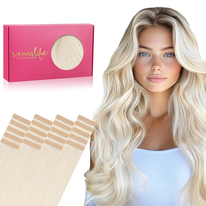 WENNALIFE Tape in Hair Extensions Human Hair, 20pcs 50g 22 inch White Blonde Remy Hair Extensions Straight Human Hair Tape in Extensions Skin Weft Tape Extensions Human Hair