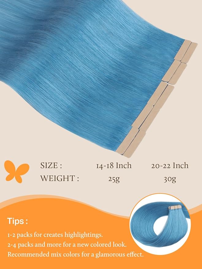 DOORES Tape in Human Hair Extensions - Turquoise Remy Straight Hair, 25g 10pcs 14 Inch