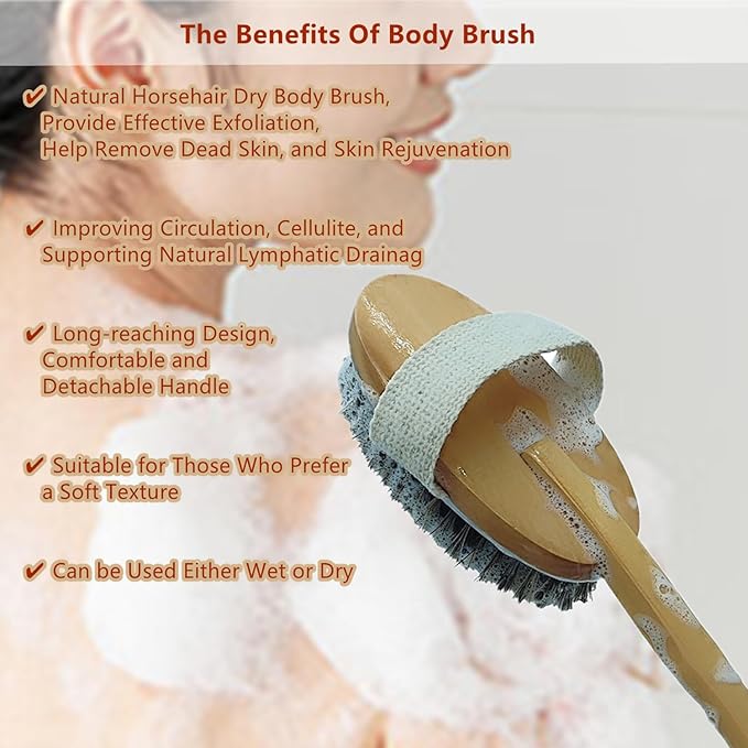 Dry Brushing Body Brush, Exfoliating Back Scrubber Natural Horsehair Bath Brush with 16.5” Long Handle Detachable for Shower, Skin Exfoliation, Cellulite and Lymphatic Improvement Gift