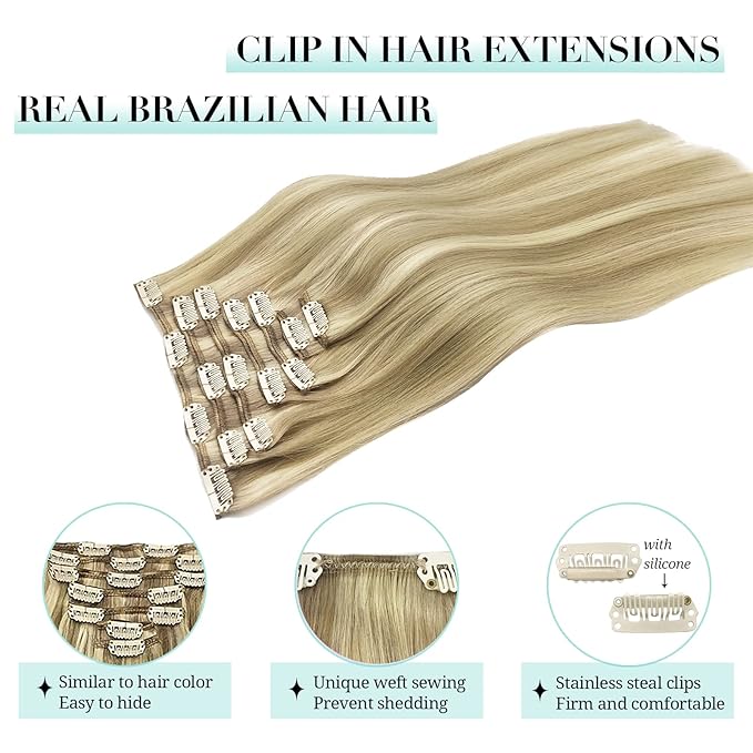 DOORES Human Hair Extensions Clip in Balayage Light Blonde Highlighted Golden Blonde 18 Inch 120g 7pcs Clip in Hair Extensions Natural Straight Hair Extensions