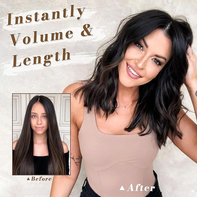 BARSDAR Wavy Chocolate Brown Clip in Hair Extensions - 14 Inch Short Wavy Clip in Hair Extensions for Women - 5PCs Thick Soft Synthetic Voluminous Easy Wear Brown Hairpieces Daily Party