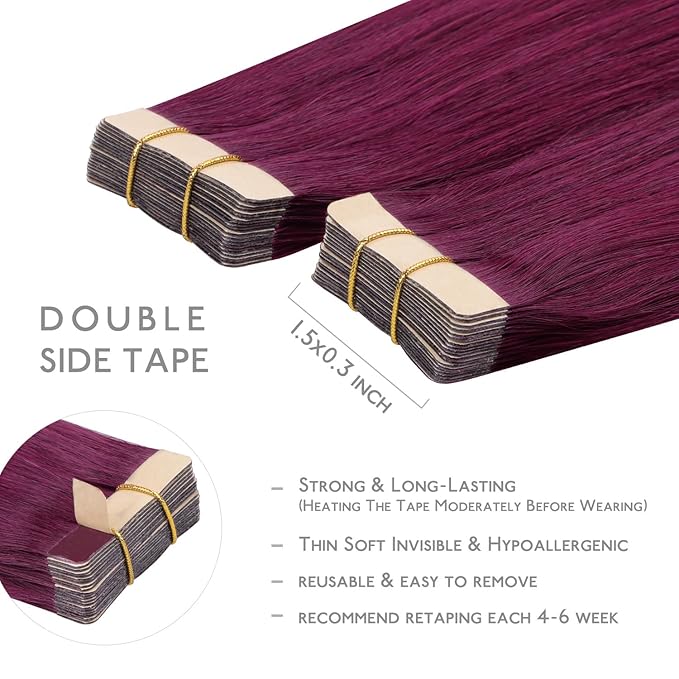 WENNALIFE Tape in Hair Extensions Human Hair, 20pcs 50g 20 inch Light Burgundy Remy Hair Extensions Straight Human Hair Tape in Extensions Skin Weft Tape Extensions Human Hair