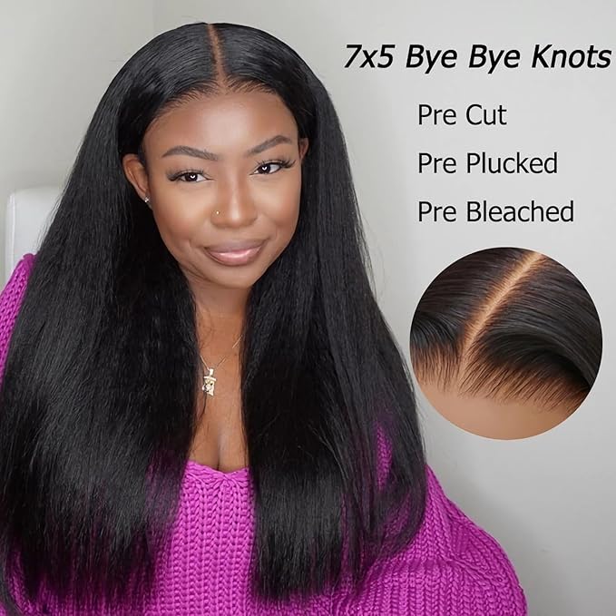 Julia Hair Bye Bye Knots Glueless Wig Yaki Human Hair Lace Wig Invisible Knots Put On and Go Pre Cut 7x5 Lace Front Wigs for Beginners Pre Bleached Pre Plucked No Glue150% Density 26 Inch