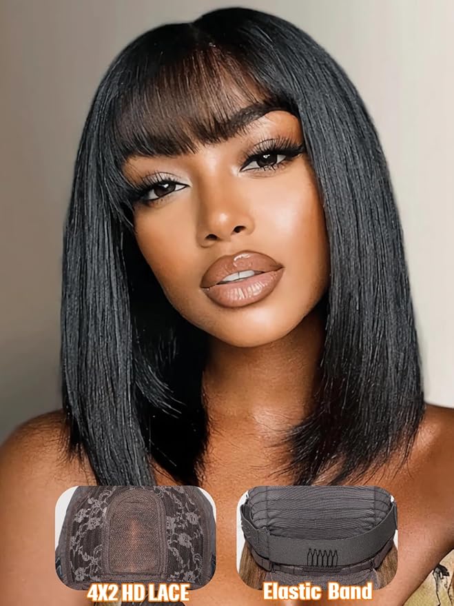 Julia Hair 14 Inch Light Yaki Straight Bob Wig with Bangs Human Hair Glueless 2x4 HD Lace Realistic Short Black Ready to Wear Blunt Cut Bob Wigs Natural for Black Women Beginner Friendly