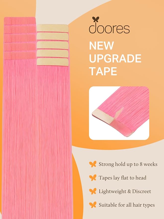 DOORES Tape in Hair Extensions, Peach Pink Tape ins 14 Inch 25g 10pcs, Remy Human Hair Extensions Tape in Straight Hair Seamless Invisible Tape Hair