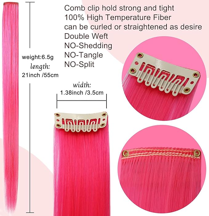 Rhyme Pink Purple Hair Extensions for Girls 21 inch Highlight Princess Party Colored Hair Extensions Clip in/on for Girls and Kids Hair Accessories Wig Pieces 8PCS (Pink Purple)