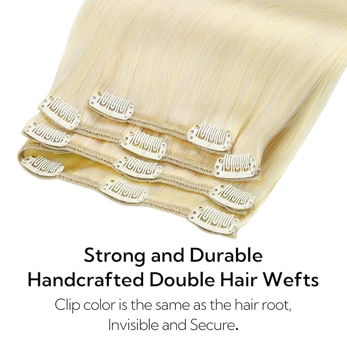 HOTBANANA Clip in Hair Extensions Real Human Hair, 130g 7pcs 18 inch Platinum Blonde Clip in Human Hair Extensions Straight Remy Hair Extensions Full Head