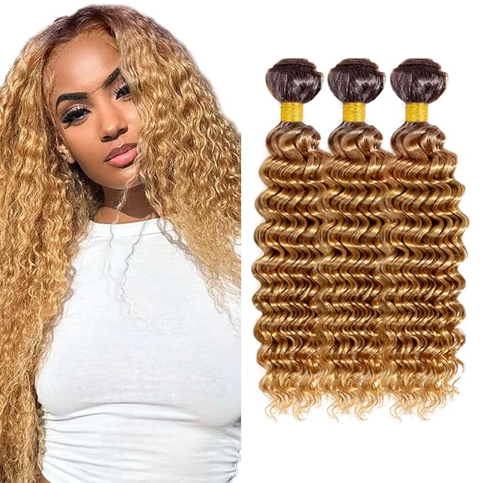 Honey Brown Bundles #4 Deep Wave Human Hair Bundles 18 20 22 inch 2 Tone Honey Blonde and Brown Color