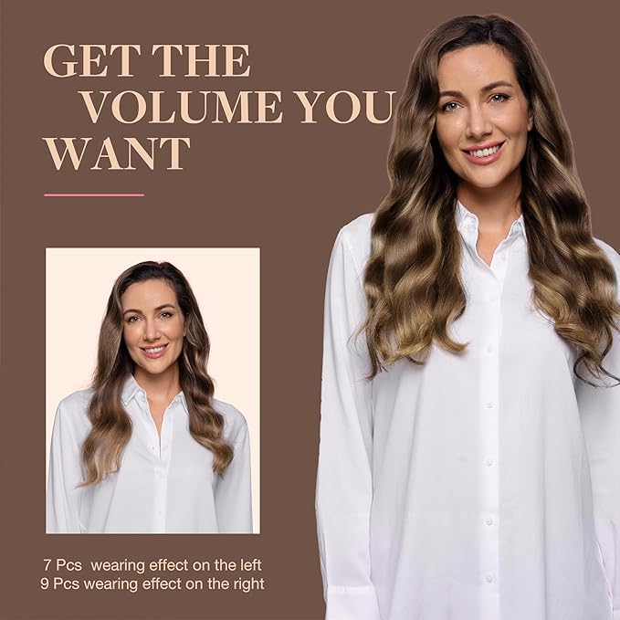 GOO GOO Clip in Hair Extensions Real Human Hair, Remy Human Hair Extensions Clip ins for Women, Natural Human Hair, 26inch 260g 9Pcs, #4/27/4 Balayage Chocolate Brown to Caramel Blonde