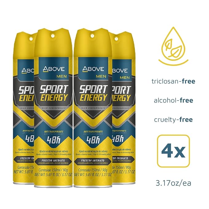 ABOVE Sport Energy - 48 Hours Antiperspirant Deodorant for Men - Woody, Floral Fragrance - Dry Spray Protects Against Sweat and Body Odor - Delivers Instant Freshness - Alcohol Free - 4 pc
