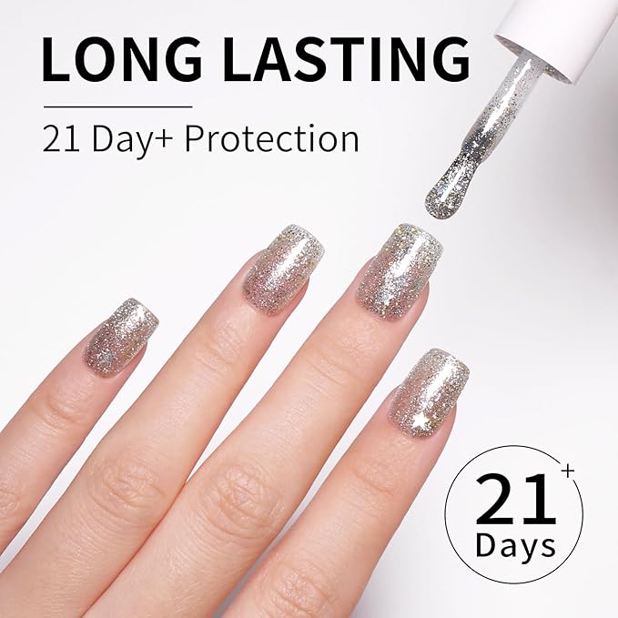 Silver Gel Polish Glitter Hema Free 0.34 OZ Same Color Same Top Cover Silver Reflective Sparkle UV Polish Christmas Manicure Art DIY