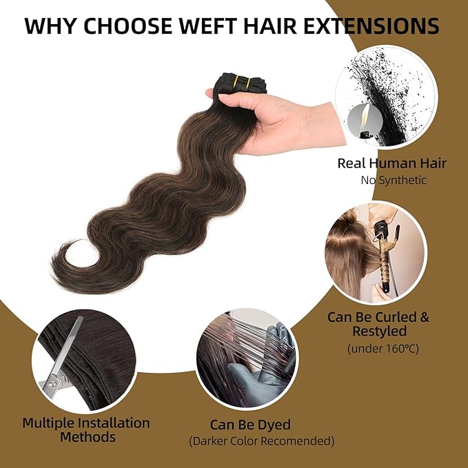 Sew in Hair Extensions Real Human Hair, 110g 24 inch Balayage Natural Black to Chestnut Brown Body Wave Bundles Remy Human Hair Weave Extensions Double Weft