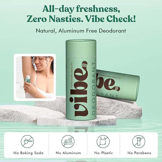 Vibe Aluminum Free Natural Deodorant for Women and Men - Long Lasting Odor Control with Organic Coconut Oil and Beeswax for Sensitive Skin, No Baking Soda or Parabens, Plastic Free (Mint)