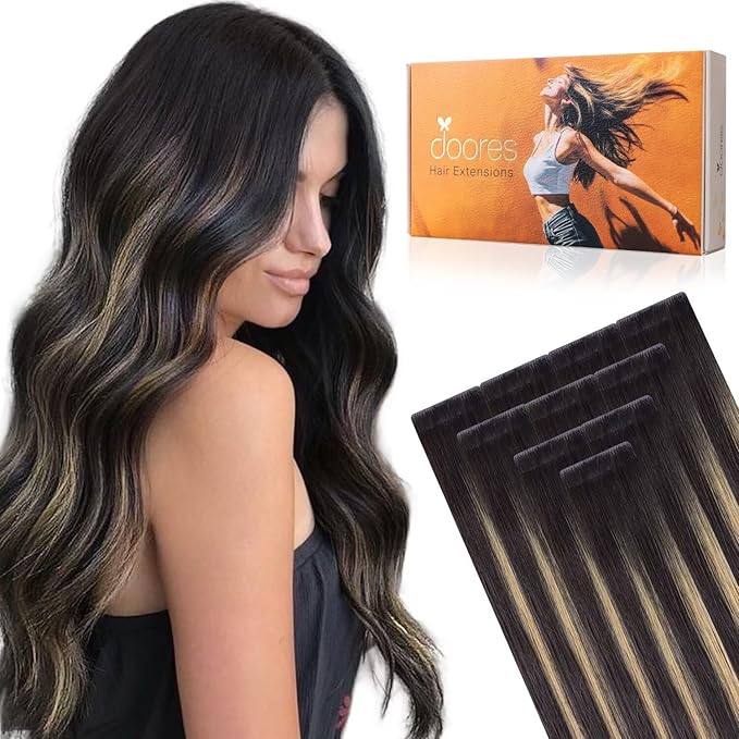 DOORES Invisi Edge Hair Extensions Real Human Hair Tape in, Natural Black to Light Blonde 10pcs Injection Tapeins, 25g 16 Inch, Natural Human Injected Tape in Seamless