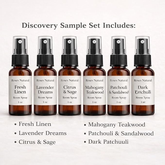 Room Spray Discovery Set – 6 Scents, 1 oz Each – Plant-Based Home Fragrance Sampler, Travel Size, Long-Lasting Scent, Made in the USA