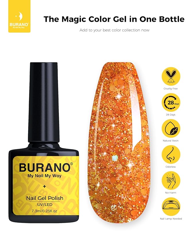 BURANO Glitter Gel Nail Polish - LED UV Curing, Holographic Effect, No Chip Sparkle Gel, Home DIY Nail Salon (Fall LP39)