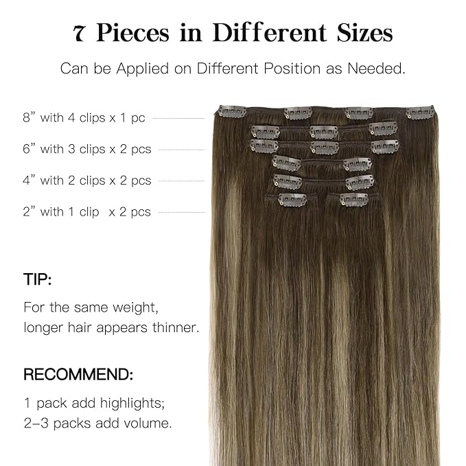 HOTBANANA Human Hair Clip in Hair Extensions, Balayage Chocolate Brown with Honey Blonde 120g Clip in Hair Extensions Real Human Hair Straight Remy Hair Clip Ins Dark Roots Ombre 24 Inch 7pcs