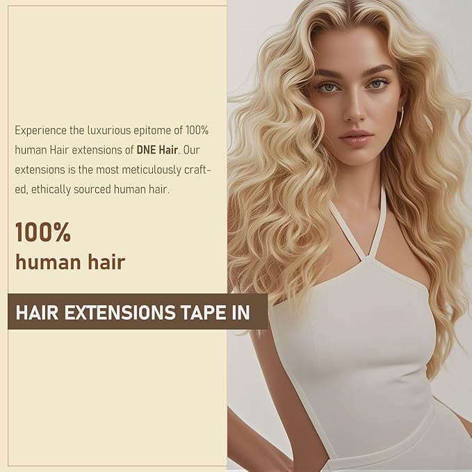 DNE Tape in Hair Extensions Real Human Hair 20 inches 20Pcs/50g/Pack Seamless #27/613 Light Color Straight Invisible Double Sided Tape in Hair Extensions for Women/Girls Can Bleached and Curl