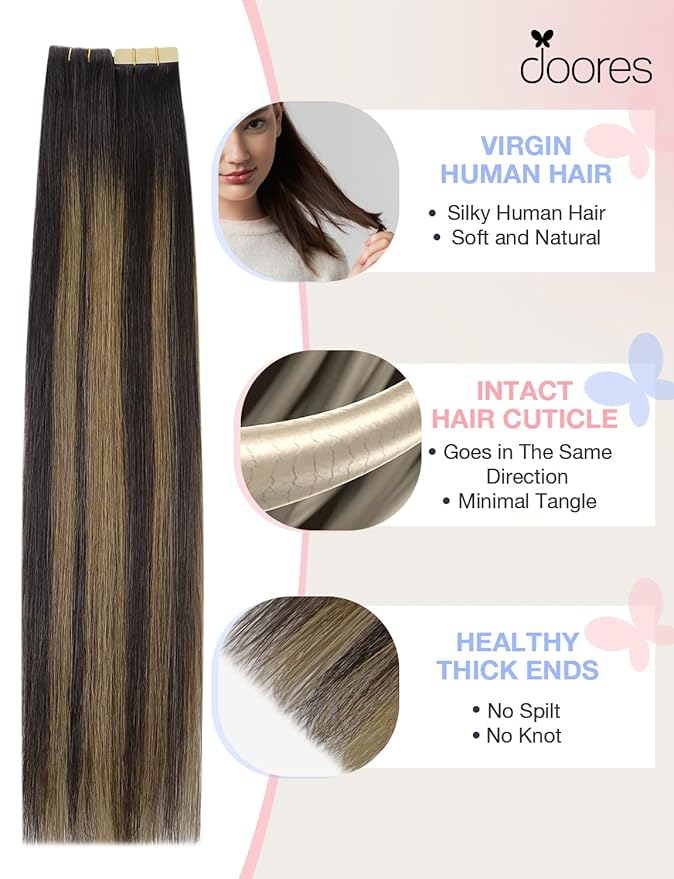 DOORES Seamless Hair Extensions Real Human Hair Tape in Invisi Edge, Dark Brown to Chestnut Brown 10 Injection Tape-ins with 10 Classic Tape-ins 50g 20 Inch, Tape in Extensions