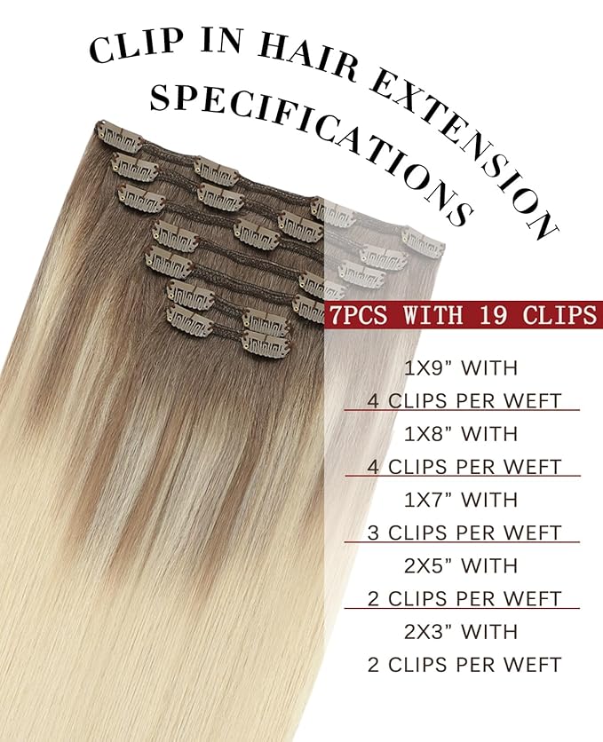 Clip In Hair Extensions Real Human Hair, 14inch 140g 7pcs ombre Ash Brown to Platinum Blonde Hair for Women, Straight Clips Ins (#8T60-14inch)