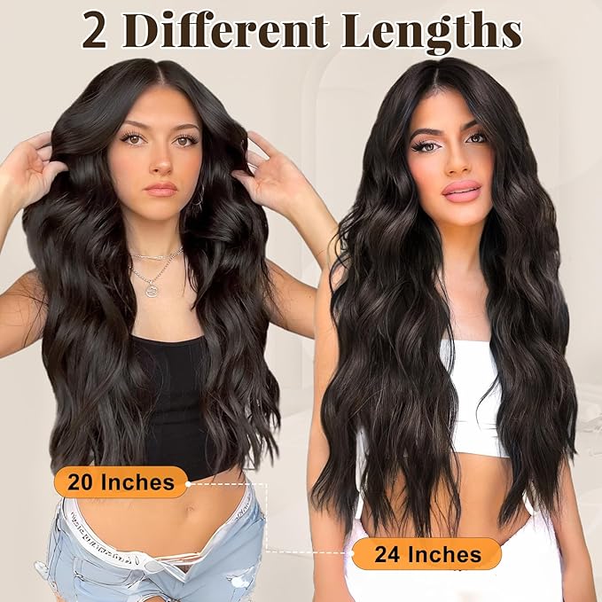 ALXNAN Clip in Long Wavy Synthetic Hair Extension 20 Inch Dark Brown 4PCS Thick Hairpieces Fiber Double Weft Hair for Women