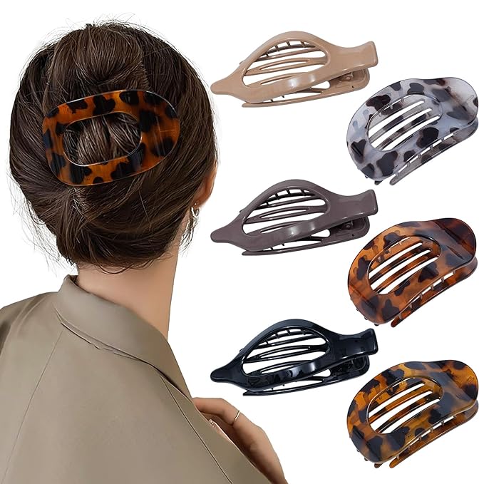 6 PCS French Flat Hair Clips for Women 2 Styles Large Matte Flat Claw Clips Strong Hold No-Slip French Hair Barrettes for Thick Thin Hair(Leopard 3+ Brown 3)