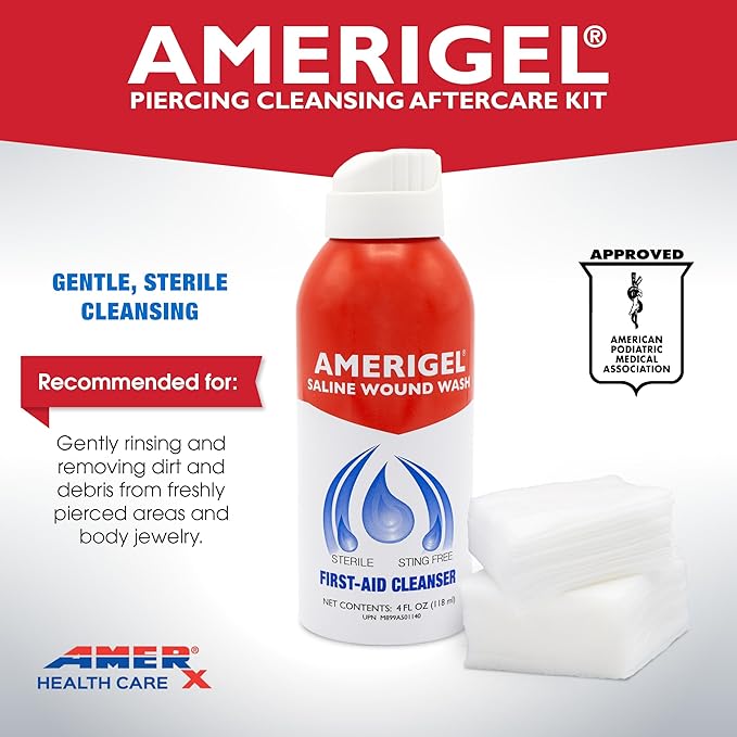 AMERIGEL Piercing Cleansing Aftercare Kit- Saline Wound Wash (4 oz.) + 2x2” Gauze Pads (Qty. 30) | Sterile Cleansing | Sterile Solution | Body Piercing | Body Modification | Portable and Compact