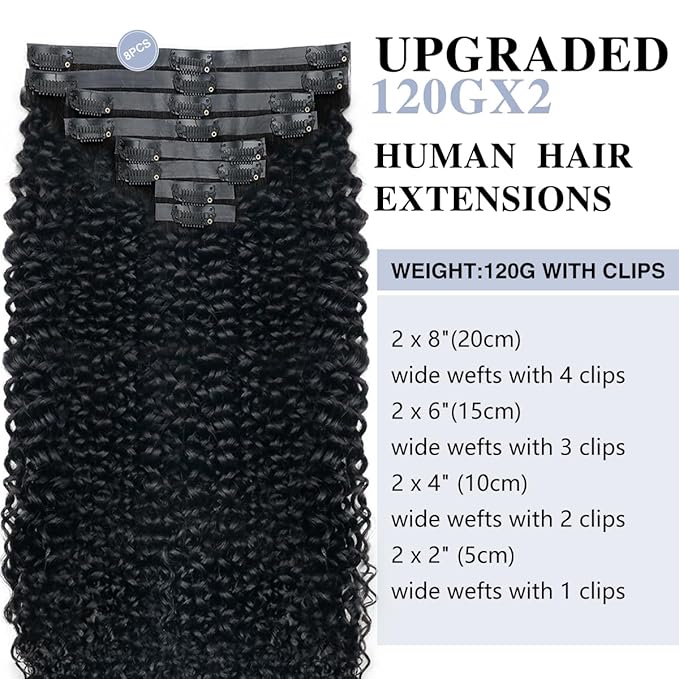 Curly Clip in Hair Extensions Real Human Hair 2 Pack 240g Seamless Kinky Curly Clip ins for Black Women Full Max 12A Remy Human Hair Extensions PU Skin Weft 14inch Natural Black