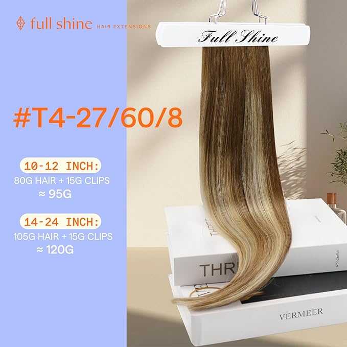 Full Shine Hair Extensions Real Human Hair Clip ins 16 Inch Invisible Clip in Extensions Remy Hair 7 Pcs Balayage Brown Ombre Ash Brown Mix Blonde 4/27/60/8 Hair Extensions for Fine Hair 120 G