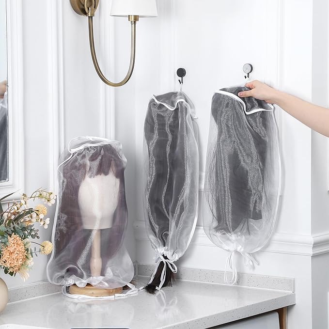 Loopeer 6 Pcs Wig Storage Bags Adjustable Wig Bag with Drawstring Portable Travel Organizer for keep from Dirt Dust(White)
