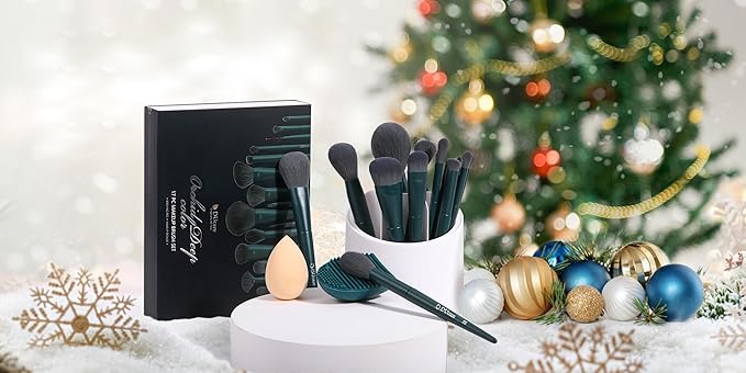 DUcare Christmas Makeup Gift Set 19 Pcs,17pcs Brushes Brush 1pc Cleaning Mat and 1pc Makeup Sponge Professional Face Powder Eye Shadow Powder Liquid Brushes
