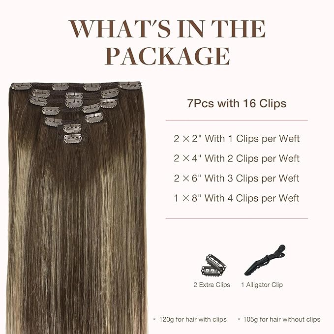 GOO GOO Clip in Hair Extensions Real Human Hair, Remy Human Hair Extensions Clip ins for Women, Natural Human Hair, 22inch 120g 7Pcs, 4/26/4 Balayage Chocolate Brown to Honey Blonde