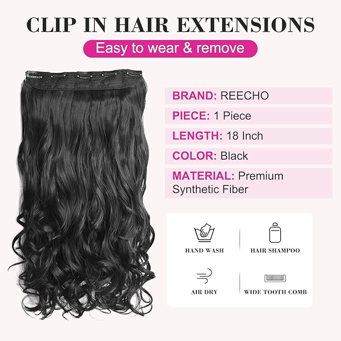 REECHO 18" 1-Pack 3/4 Full Head Curly Wavy Clips in on Synthetic Hair Extensions HE008 Hairpieces for Women 5 Clips 4.0 Oz per Piece - Natural Black