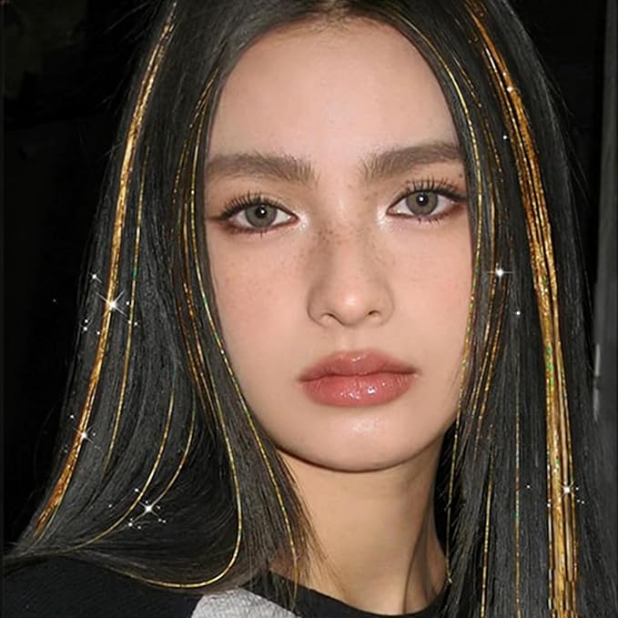 24PCS Clip in Hair Tinsel Champagne, Clip on Hair Tinsel Hair Extensions for Girls and Women, 50cm/19.7inches
