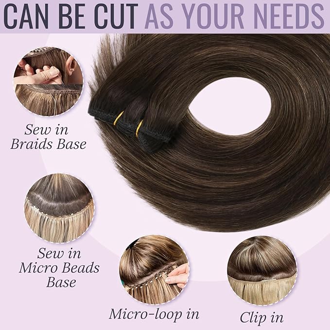 Fshine Sew in Real Human Hair Balayage 18 Inch Dark Brown Fading to Light Brown Hand Tied Weft Hair Extensions Human Hair Soft Straight Sew in Brown 100 Grams