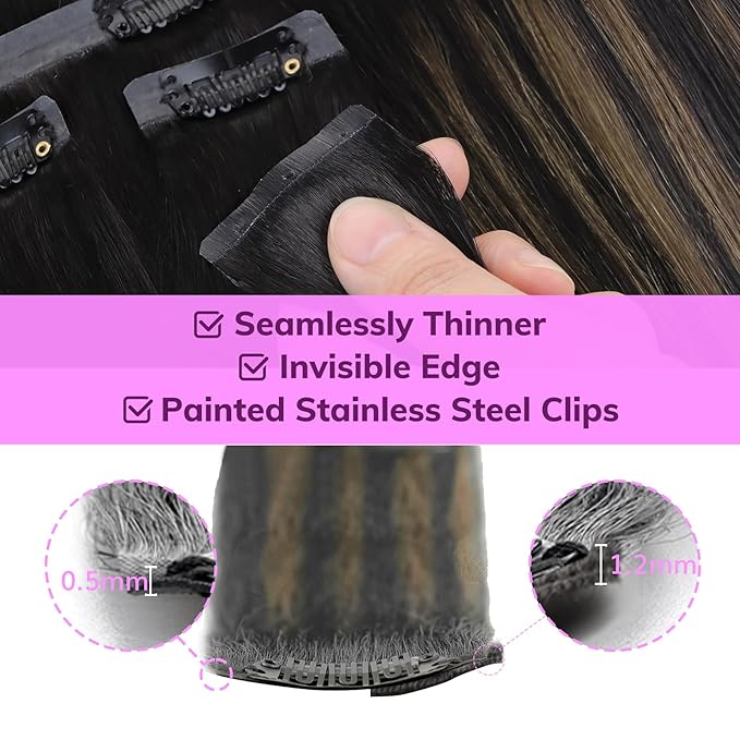 IDN BEAUTY Seamless Clip In Hair Extensions Human Hair, Straight 14 Inch 110g 7pcs, 1B/6/1B Balayage Natural Black to Chestnut Brown Remy Hair Seamless Clip Ins For Black Women PU Weft Invisible Edge
