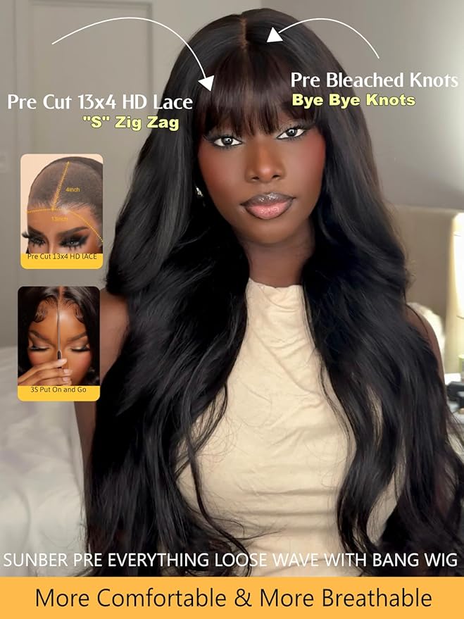 Sunber Put On and Go Glueless Wigs Pre Plucked Pre Bleached Human Hair Loose Wace With Curtain Bangs Bye Bye Knots Pre Cut Lace 13X4 HD Lace Front Wig 18Inch