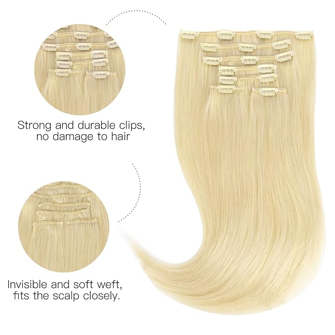 HOTBANANA Human Hair Clip in Hair Extensions, Bleach Blonde Hair Extensions 120g Clip in Hair Extensions Real Human Hair Straight Remy Hair Clip Ins 16 Inch 7pcs