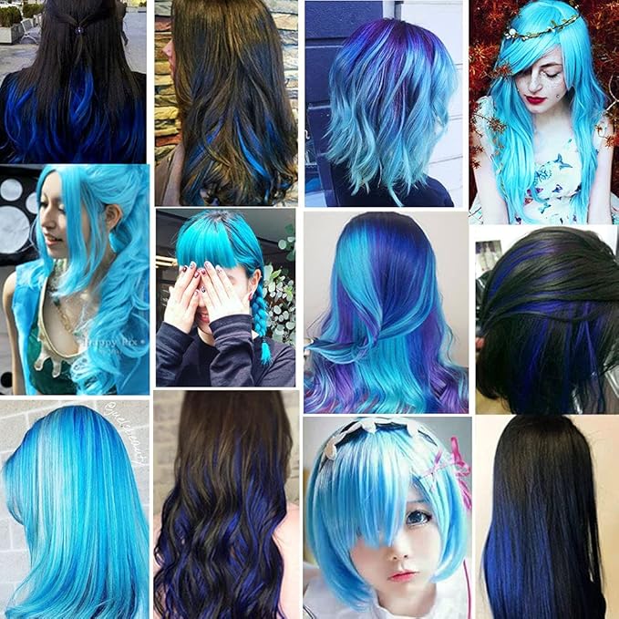 Bright Blue&Blue Wig Pieces Colorful Party Highlights Clip in Coloured Hair Extensions Multicolors Straight Synthetic Hairpieces for Women Kids Girls