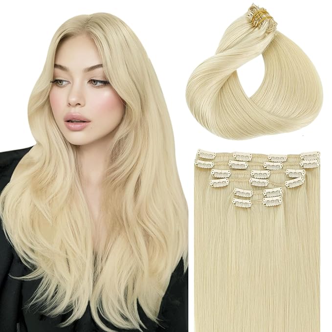 Clip in Hair Extensions Real Human Hair By 18 inch, Color Blonde Human Hair Clip in Extensions 120grams,6pcs Per Set With 18 Clips Double Weft(#60,18'')