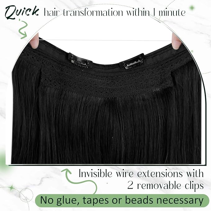 RUNATURE Short Wire Hair Extensions Real Human Hair Invisible Wire Hair Extensions Black One Piece 12 Inch 70g Seamless Fish Line Hairpiece #1 Jet Black