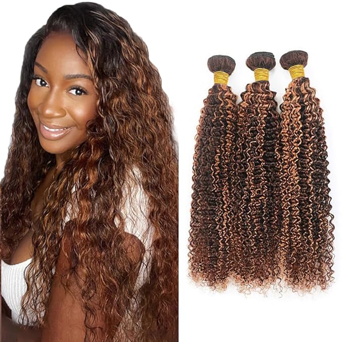 Brown Human Hair Bundles P4/30 Honey Brown Curly Bundles Brazilian Unprocessed Virgin Remy Hair 3 Bundles 26 26 26 Inch Ombre Kinky Curly Bundles Brown Mix Medium Auburn Bundles