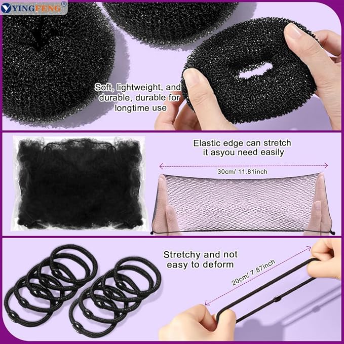 YINGFENG 134 Pcs Black Hair Bun Maker Kit Medium - 4 Bun Hair Pieces for Women, 20 Hair Net for Buns, 100 Bobby Pins for Women, 10 Hair Bands, for Ballet Styling, Hair Accessories for Girls