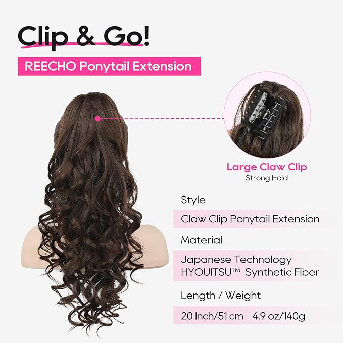 REECHO Ponytail Extension, 20” Claw Clip Ponytail Extension Curly Clip in Ponytail Long Pony Tails Hair Extensions for Women Fluffy Natural Looking Synthetic Hairpiece, Dark Chocolate Brown