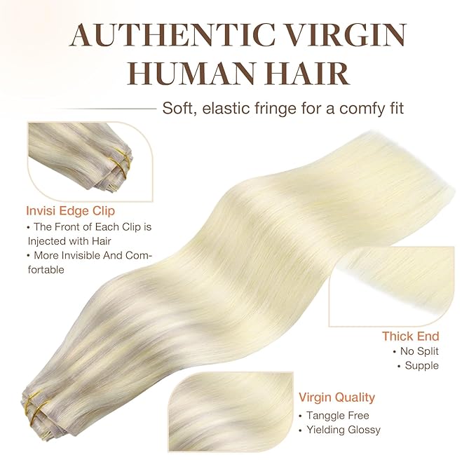 GOO GOO Invisi Edge Clip in Hair Extensions 22inch 140g 7Pcs Injected Seamless PU Clip in Hair Extensions, Virgin Real Human Hair, 17/22/60 Ash Blonde to Golden Blonde and Platinum Blonde