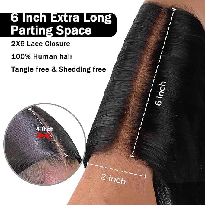 Body Wave Human Hair 2x6 HD Lace Closure 0.095mm Ultra-Thin Invisible Lace Transparent Bleached Knots Frontal HD Closure Only Pre-Plucked Skinlike Raw Human Baby Hair(2x6 Natural Black 14 Inch)