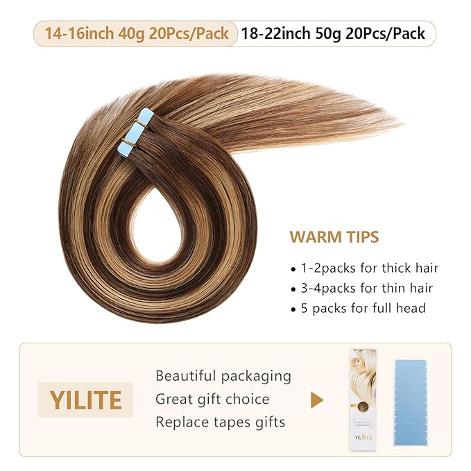 YILITE Tape in Hair Extensions Human Hair 22 inch 20PCS 50g Balayage Medium Brown Roots Fading to Medium Brown and Strawberry Blonde Tape in Remy Human Hair extensions(22inch P4-27-T4)