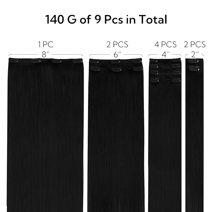 HOTBANANA Clip in Hair Extensions Real Human Hair, 135g 9pcs 16 inch Jet Black Straight Remy Clip in Extensions Full Head for Women