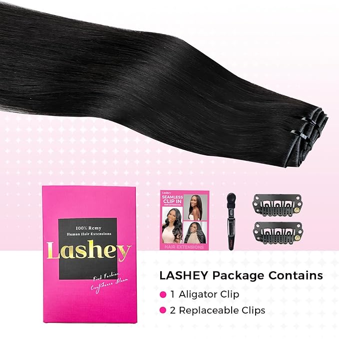 Lashey Invisi Edge Clip in Hair Extensions 18 Inch 110g 7pcs Injected Seamless PU Clip in Hair Extensions Virgin Human Hair, #1 Jet Black Straight Hair